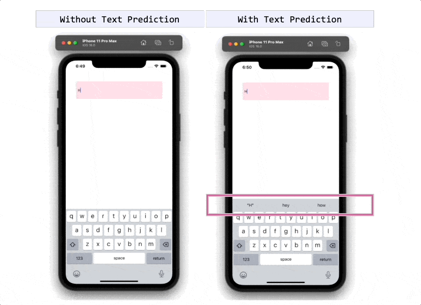 Side by side examples show without text prediction and with text prediction. Without, the user just types one letter at a time. With, three words appear above the keyboard to provide suggested words for faster typing