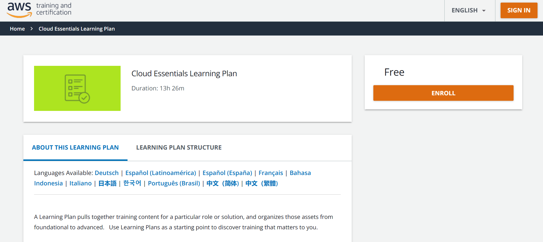 AWS Cloud Essentials Learning Plan details