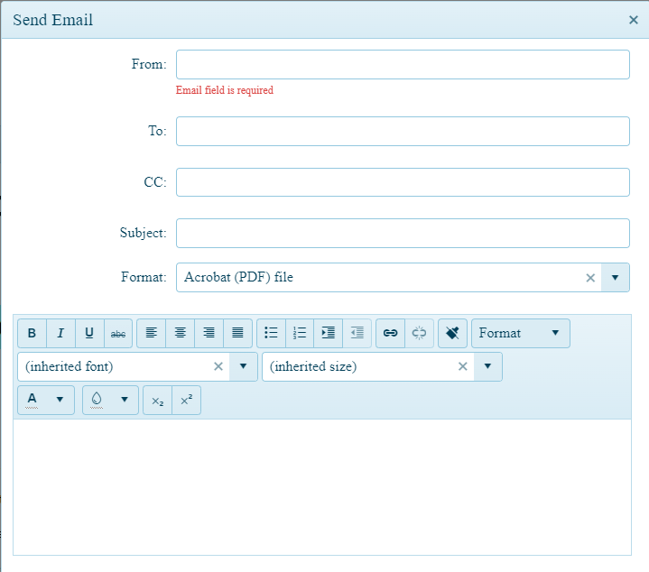 The Report Viewer’s Send Email form. There are textboxes for the user to supply To, From, and CC addresses. Other textboxes allow the user to provide a subject and a message (multiple formatting options are displayed). A dropdown list labelled “Format” displays “Acrobat (PDF) file.”