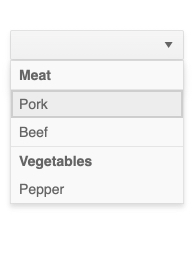 Meat list has pork and beef. Vegetables shows Pepper