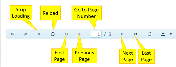 The menu bar again but with several of the icons labelled. The first two icons on the left are unlabelled but are followed by an X icon labelled “Stop Loading,” followed by the circle-with-an-arrow refresh icon labelled “Reload.” To the right of those icons is a double-headed arrow pointing to the left labelled “First Page,” followed by a single arrowhead pointing to a bar to its left and labelled “Previous Page.” Next, still moving to the right, is the textbox with the number 1 in labelled “Go to Page Number.” To its right is a forward slash and the number 5. Next is a single arrowhead pointing to a bar on its right labelled “Next Page.” The last labelled icon is a double-headed arrow labelled “Last Page.”