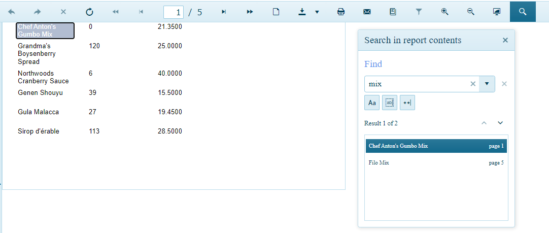 The menu bar of the Report Viewer but also showing the top entries in a report displayed below the menu bar. To the right of the report is a floating panel with the title “Search in report contents.” In the menu bar, the search icon (a magnifying glass) is highlighted. The Search panel has the text “mix” in a textbox labelled Find. Below that is a listbox showing two entries: “Chef Anton’s Gumbo Mix, page 1” and “Filo Mix, page 5.” The first item in the list – “Chef Anton’s Gumbo Mix” – is highlighted and, above that list, is the text “Result 1 of 2.” In the visible part of the report, the line just below the report menu is “Chef Anton’s Gumbo Mix” and that text is also highlighted.