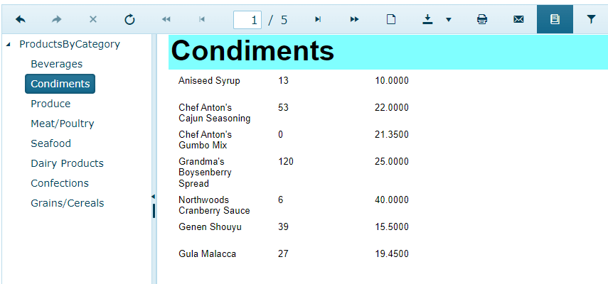 The Report Viewer showing the menu bar and part of the report. On the left side of the report a panel is displayed with the heading Products By Category. The heading has a down arrow to its left indicating that the list is expanded. The list is displaying a list of entries that correspond to headings in the report (e.g. Beverages, Condiments, Produce). The Condiments entry in the list is highlighted and the report is displaying the Condiments page. In the menu bar, the document map icon (a stack of paper) is highlighted.