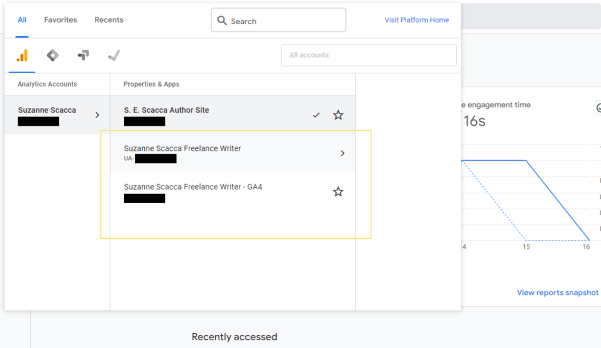 The Properties & Apps list is opened in Google Analytics. There are two properties highlighted for the same freelance writer website. One has a “UA-” account number, which means that it is a Universal Analytics account. The other one has a “- GA4” at the end of the account name to let users know it’s a Google Analytics 4 account.