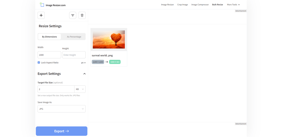 ImageResizer.com allows users to upload one or multiple files. Images can be resized based on dimensions or file weight. They can also change the image type when they output it.