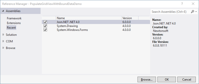 Reference Manager shows Json.NET, System.Drawing, and System.Windows.Forms are all selected