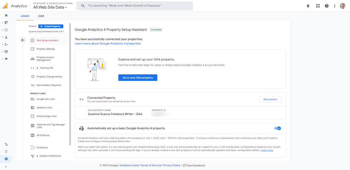 Universal Analytics users should go to the Admin >Property area of their account to migrate from UA to GA4. The GA4 Setup Assistant tool will help simplify this process.