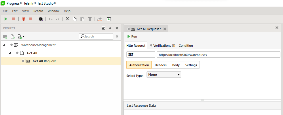 The upper right corner of the Test Studio for API user interface. On the right is a treeview labelled Project. Within the treeview is an entry labelled “WarehouseManagement.” Nested underneath that project item is a label with the text “Get All,” and nested underneath that is a label with the text “Get All Request.” To the right of the treeview is a tab labelled “Get All Request” displaying a form for configuring the Http Request step. The panel has three tabs labelled “Http Request,” “Verification,” and “Condition.” The “Http Request tab” is selected. In the top left of the form is a textbox containing the word GET (in uppercase). To the right of the textbox is a URL that ends with “warehouses”