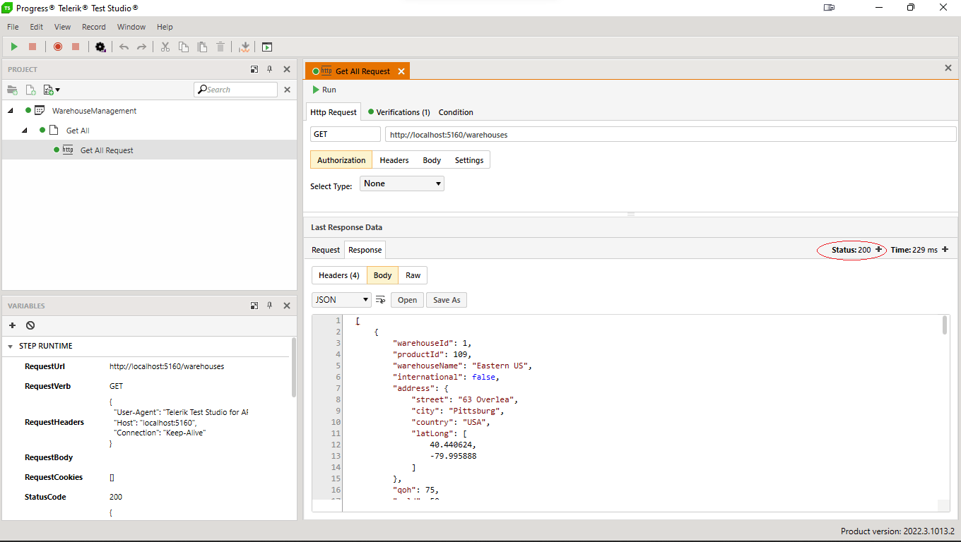 A full screen shot of the Test Studio for APIs user interface. The project treeview on the right hasn’t changed but there’s a new tab displayed below the Get All Request form. That tab is labelled “Response” and shows an array of JSON objects. In the upper right of the Response tab, text “Status: 200” is circled in red