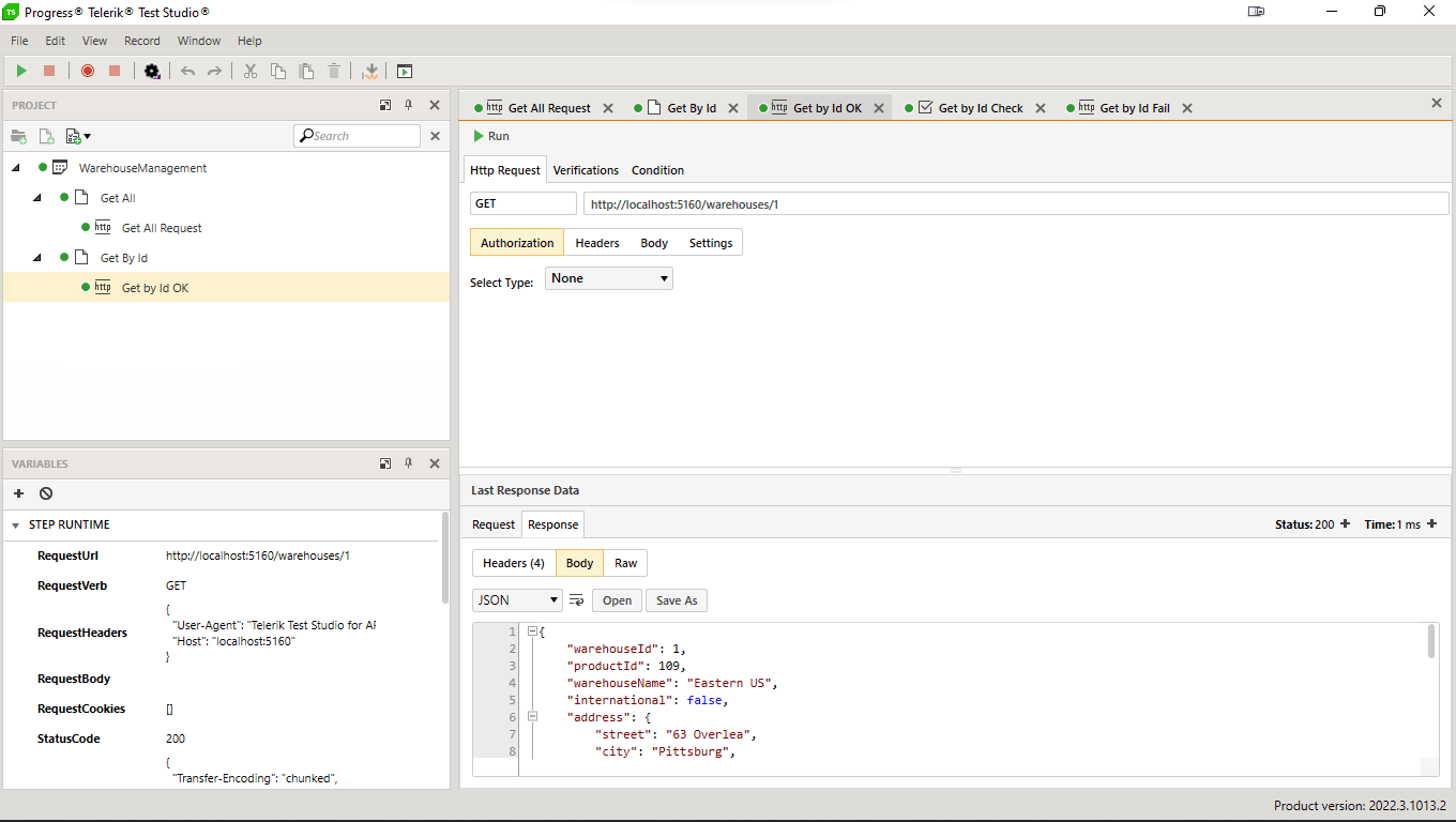 The full Test Studio for APIs user interface again. However, in the project treeview on the left, a new entry labelled Get by Id has been added. Nested underneath it is an entry labelled Get by Id OK. In the column in the middle, the top left text box still says GET but the textbox to its right now ends with warehouse/1. The Response textbox below the form shows a single JSON object (with a warehouseId property set to 1) instead of an array of JSON objects