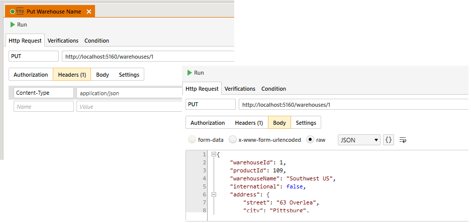 Two graphics, showing the tabs used to configure an Http Request step. The Http Request tab is displayed. The tab has a set of options displayed in a horizontal bar: Authorization, Header, Body, and Settings. In the first graphic, the Header option has been selected. Below that set of options is a row holding two textboxes. The first row has been filled in: It’s first textbox is set to “Content-Type”; the second box has been set to “application/json.” In the second graphic, the Body option has been selected. The tab now displays (among other controls), a textbox displaying a single JSON document. The document begins with a property named warehouseId that is set to the value 1