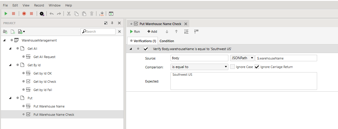 The project panel and the panel for configuring a validation step. In the project panel all the test cases and the steps in each test case are displayed. Under the last test case (called “Put”) the second test step (called “Put Warehouse Name Check”) is selected. In the panel to the right of the project panel, the form for configuring a verification step is displayed. The textbox labelled “Source” is set to “Body.” The dropdown list to its right is set to “JSONPath.” The next textbox to the right is set to “$.warehouseName.” In the next row, a dropdown list labelled “Comparison” is set to “is equal to.” Below that, a large, multiline textbox labelled “Expected” is set to “Southwest US”