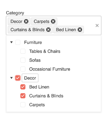 MultiSelectTree lets you select parent category and children categories. In this example, Decor is the parent, which is selected. Bed linens and Curtains & blinds are selected children, but carpets is not selected
