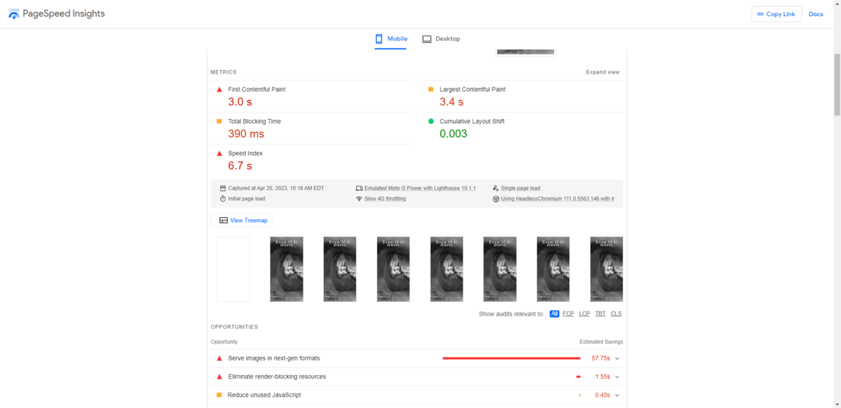 In PageSpeed Insights, users will find metrics related to page speed. In this example, the page had the following metrics: 3.0 seconds for the first contentful paint, 390 milliseconds for total blocking time, 6.7 seconds for speed index, 3.4 seconds for largest contentful paint, and 0.003 for cumulative layout shift.