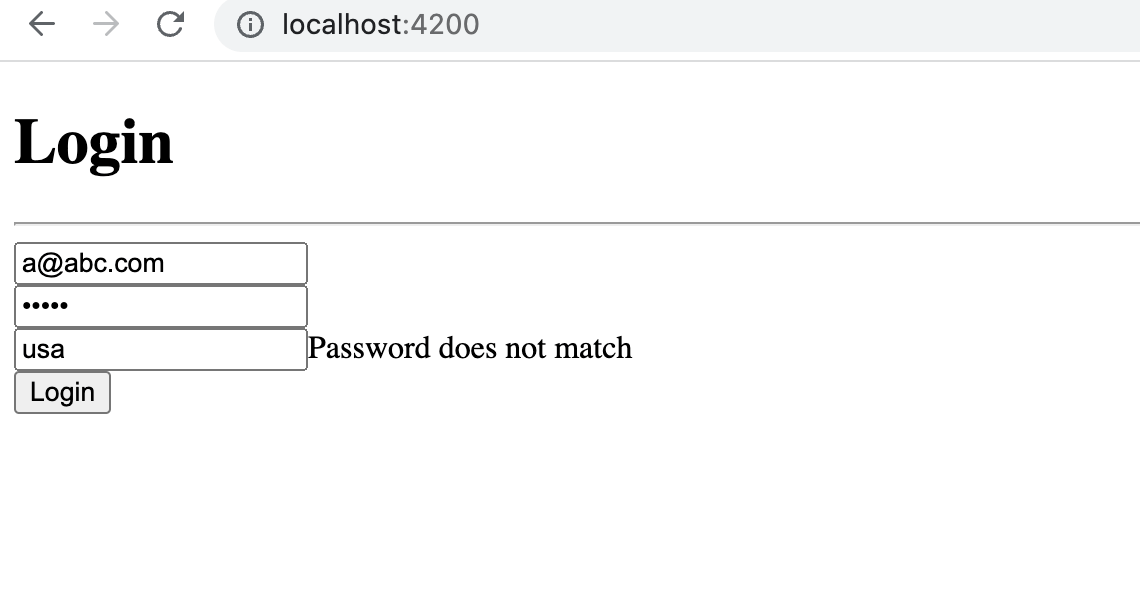 The login form shows 'Password does not match' when we add a different confirmation password