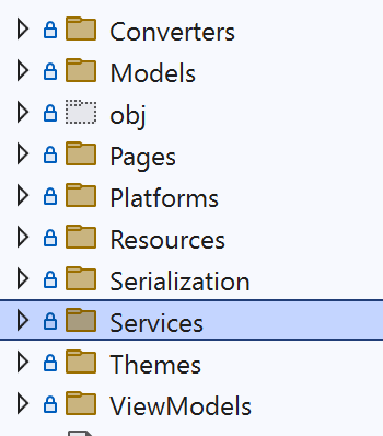 Menu with folders converters, models, obj, pages, platforms, resources, serialization, services, themes, viewmodels