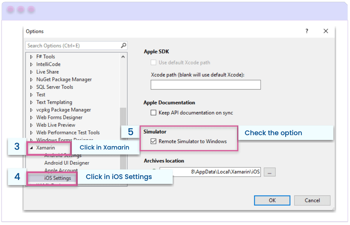 3. Click in Xamarin , 4. Click in iOS Settings , 5. Check the option