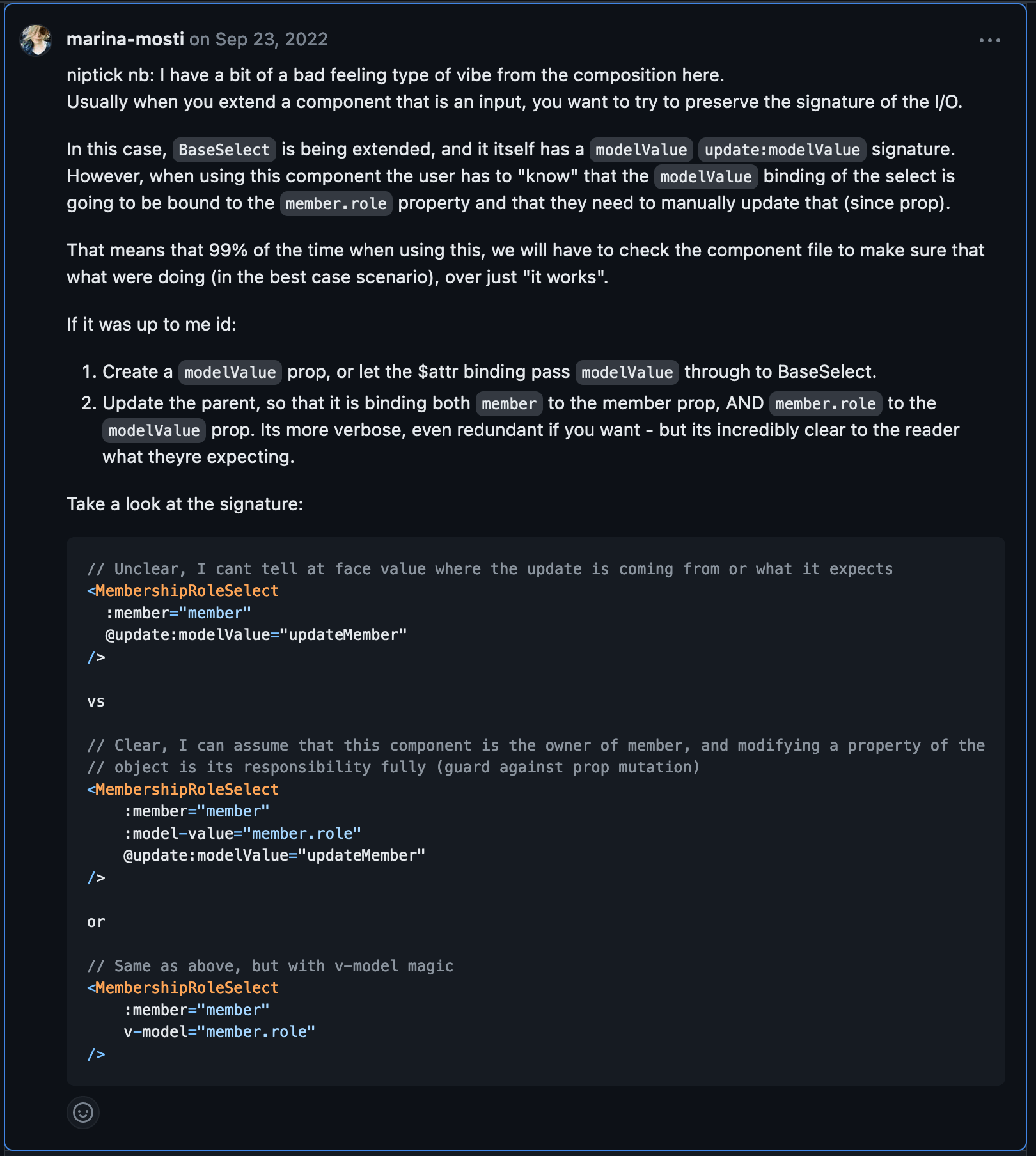 Screenshot of an example of explaining a composition problem to fellow dev with code examples