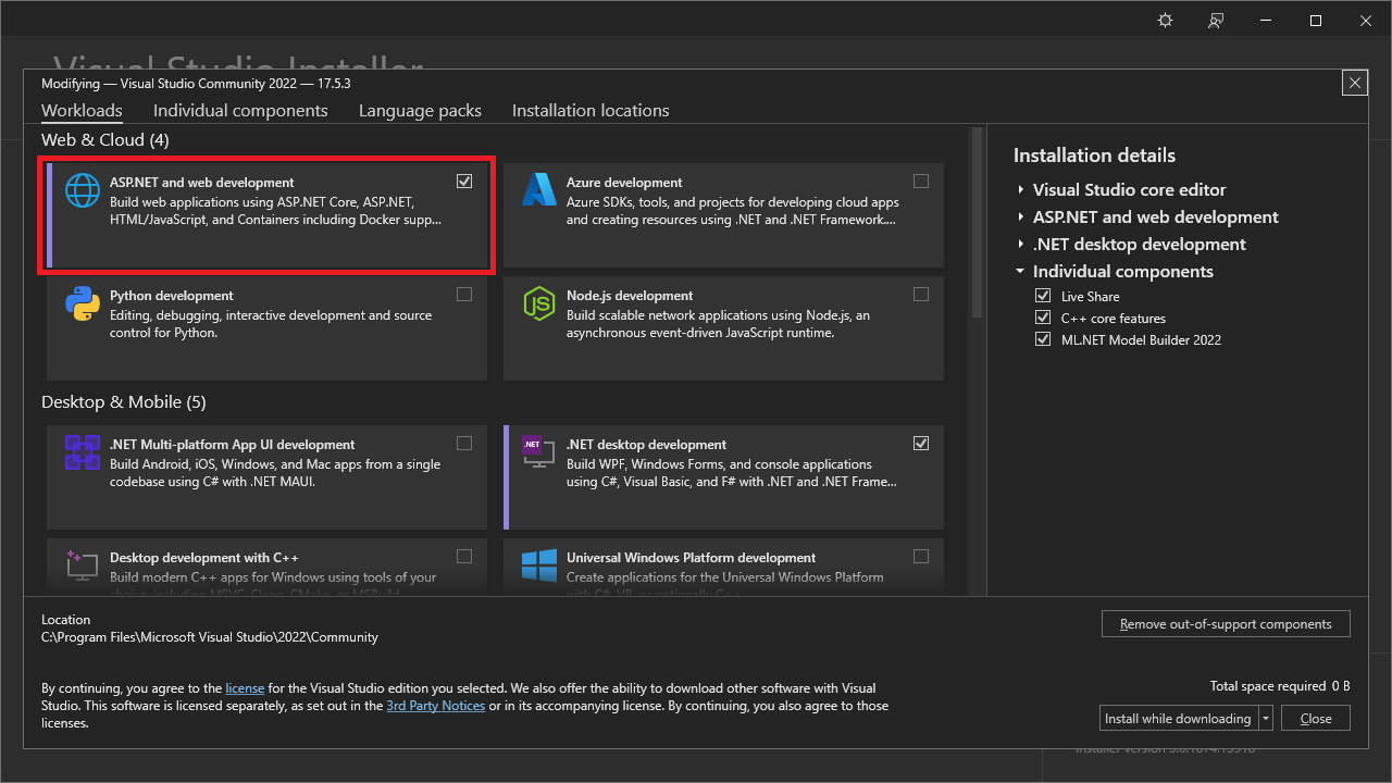 Visual Studio Installer with the ASP.NET and web development workload selected.