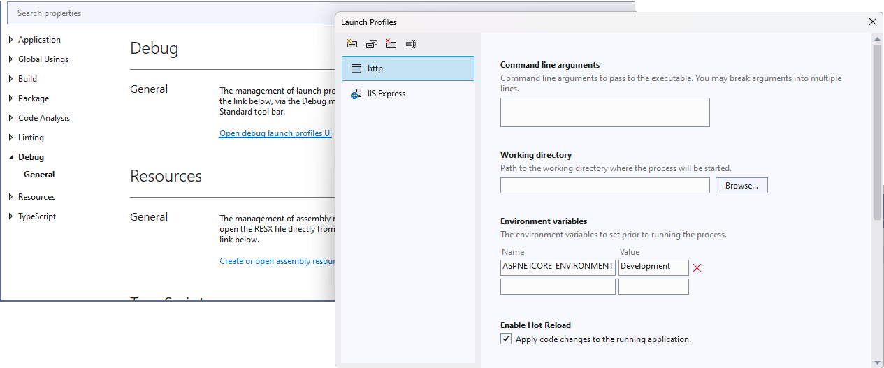 Visual Studio’s Properties dialog with the Debug tab displayed. A hyperlink with the text Open debug launch profiles UI can be seen on the tab. A dialog named Launch Profiles has been opened. On its left side, two items are lists named http and IIS Express. The http item is selected. On the right hand side a number of sections are listed including one named Environment Variables. In that section, an entry with the name ASPNETCORE_ENVIRONMENT appears with the value Development.