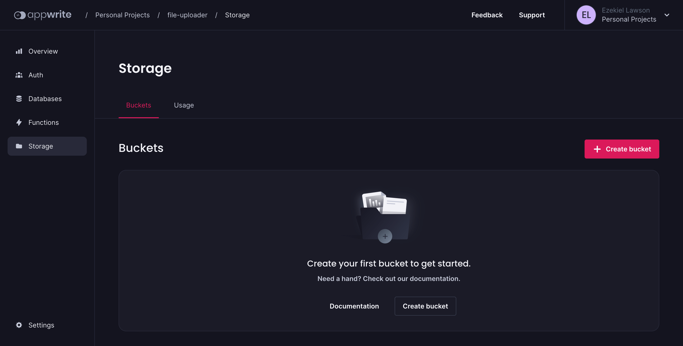 On Storage page, there is a create bucket button