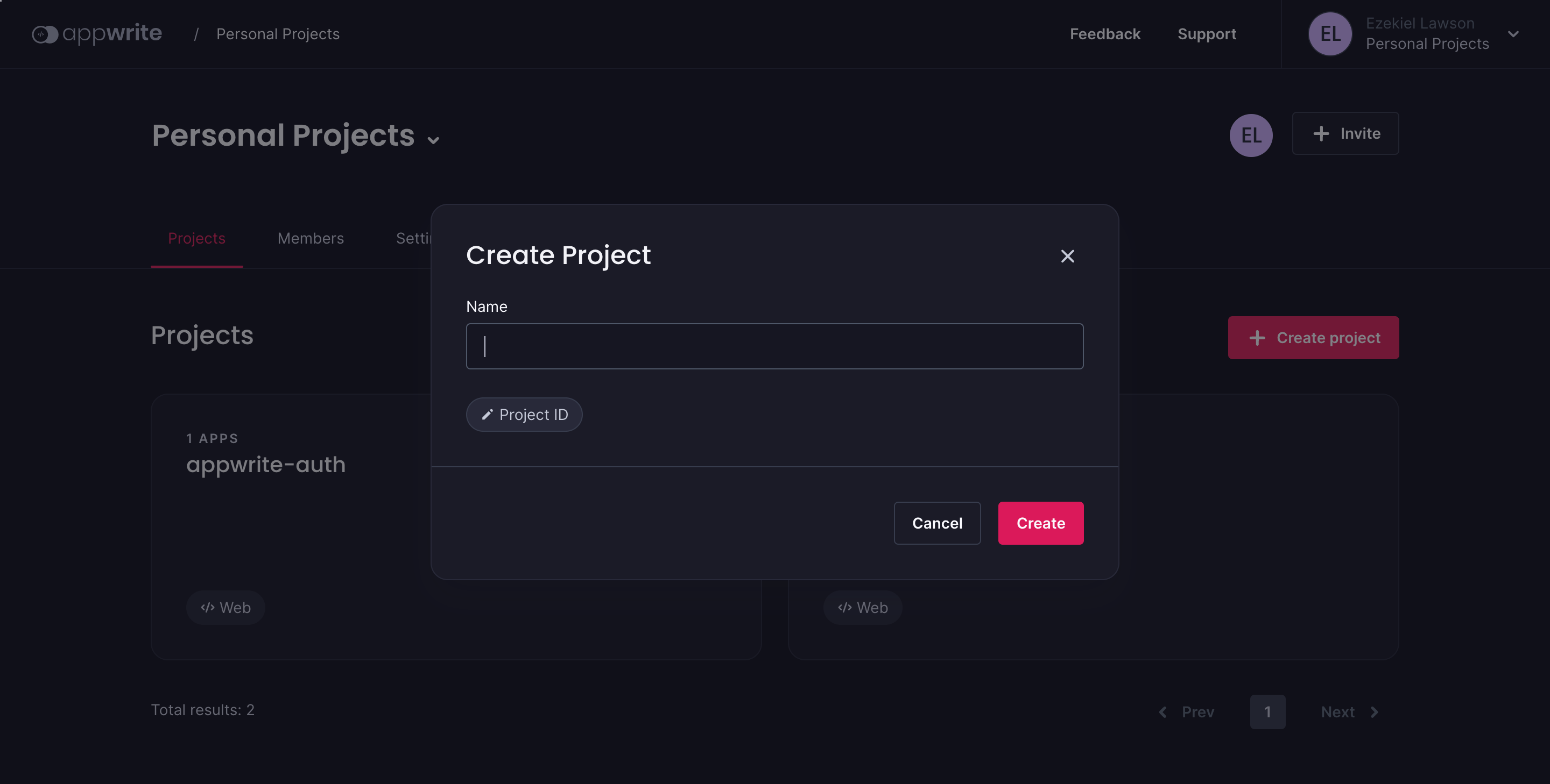 Create project modal with place to name project