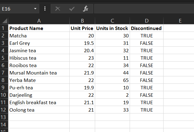 Excel file with product name listing tea names, unit price as number, units in stock with number of units, discontinued with true or false