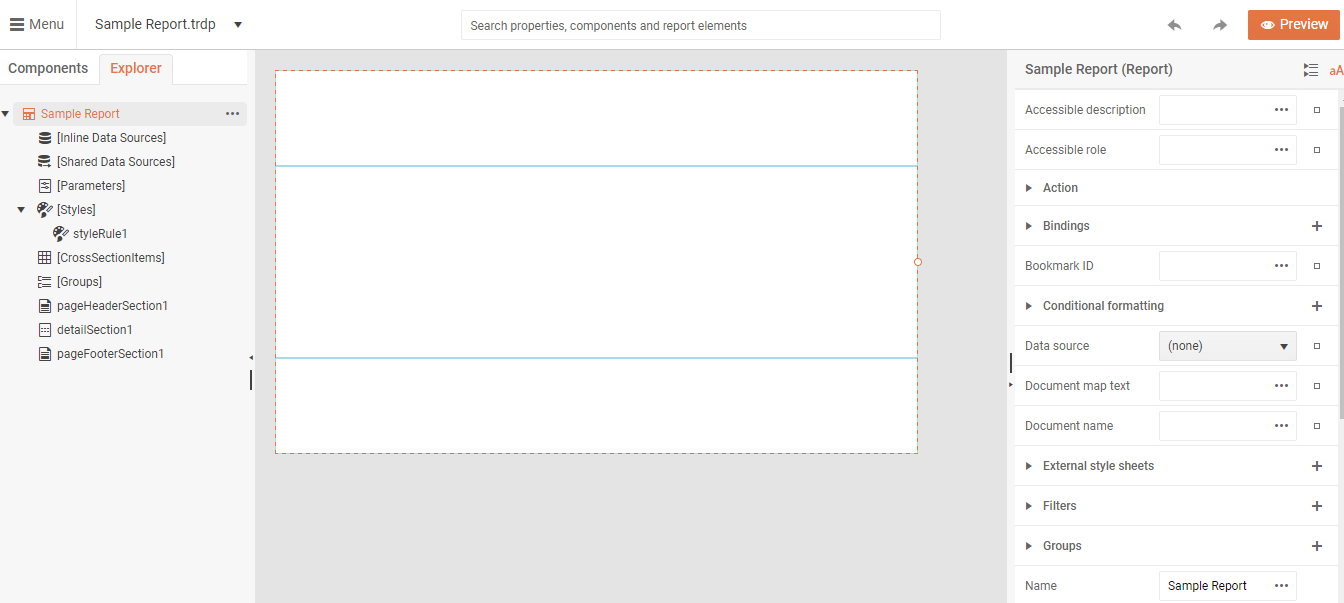 A screenshot of the Web Report Designer. On the left is a panel with two tabs labelled Components and Explorer. Explorer tab is displayed showing a TreeView with multiple nodes. In the middle is a rectangular area divided into three horizontal sections. On the right is another panel divided into multiple sections with headings, dropdown lists and textboxes. Many of the sections in the panel have arrows, indicating they can be expanded.