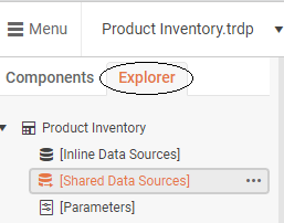 The top of the panel on the left side of the data source, showing two tabs. The right hand tab marked Explorer is selected (and circled). The tab shows a TreeView with the node named Shared Data Sources selected