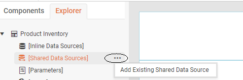 The Shared Data Sources node from the TreeView showing the three dots to its right inside a circle. A single menu choice is displayed below it to its right that says Add Existing Shared Data Source.