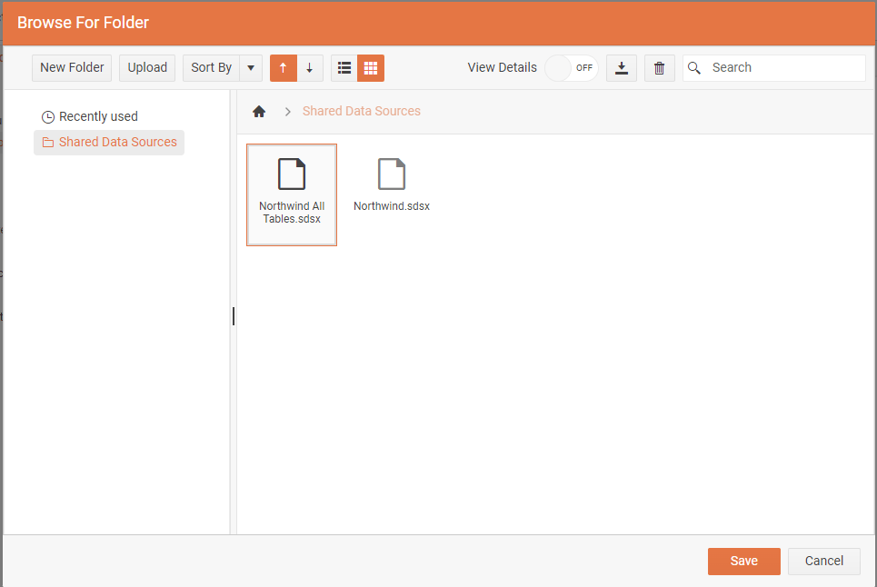 A new dialog labelled Browse for Folder. A panel on the left shows a single, selected choice named Shared Data Sources. The main area on the right shows two document icons labelled Northwind All Tables.sdsx and Northwind.sdsx. One of the document icons has been selected. In the bottom right corner of the dialog there are Save and Cancel buttons.