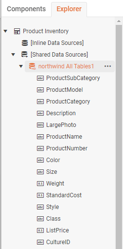 The Explorer tab again. However, a new node has been added under the Shared Data Sources node. The new node is named Northwind All Tables1. Below it is a list of column/field names from tables in the Northwind database.