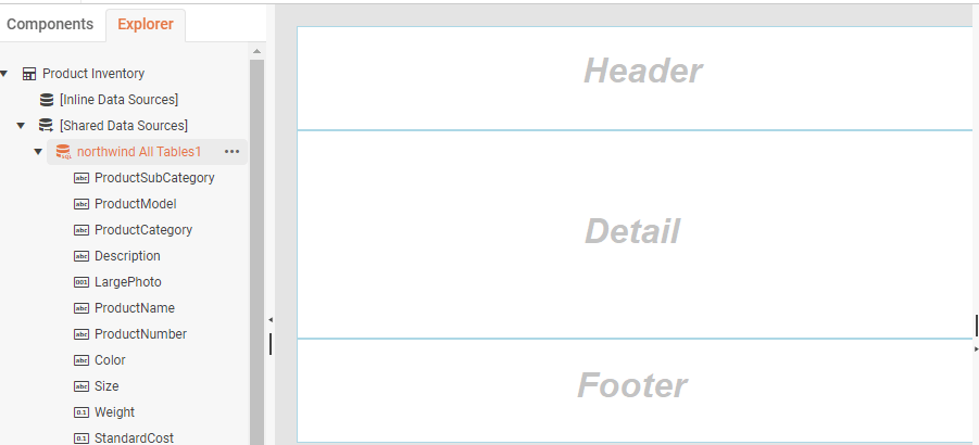 A screenshot of the report designer showing the Explorer TreeView on the left. The main area shows a large white rectangle divided horizontally into three sections labelled Header, Detail, an Footer.