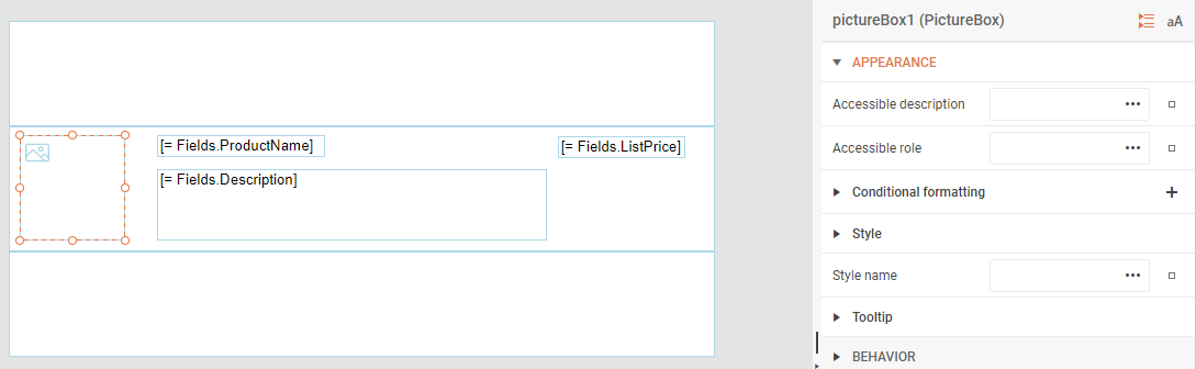 A screenshot of the main window. The middle, detail section has had several fields added to it: A PictureBox with no label and three textboxes with the names of fields. The PictureBox is selected. On the right is the panel displaying information about the currently selected PictureBox.