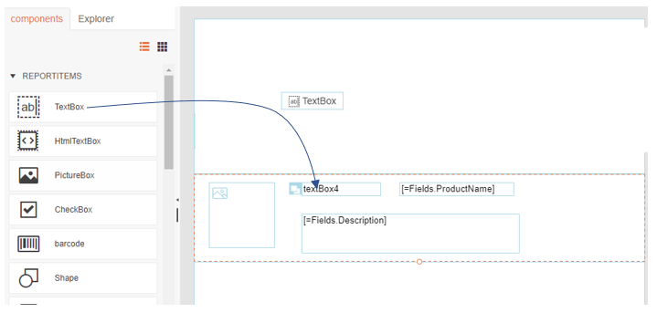 A graphic showing the Components tab in the panel on the left of the report designer. The TextBox choice in the tab has been selected and a curved arrow leads from it to a floating textbox labelled “Textbox” on the right and down into the Details section of the report where a textbox – containing the text textBox4 – appears.