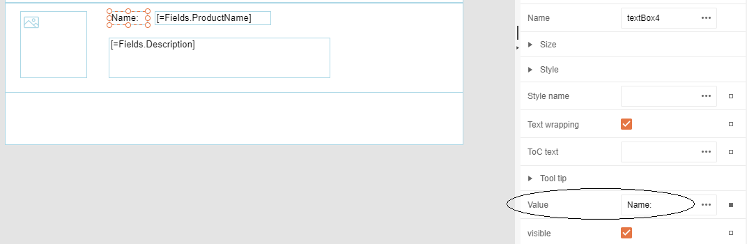 A screen shot of a report’s detail section and the panel on the right of the designer. The detail section has a textbox in it that has been select. The panel on the right shows the properties for the textbox with the Value property at the bottom of the panel circled. There are three dots to the right of the Value property’s textbox.