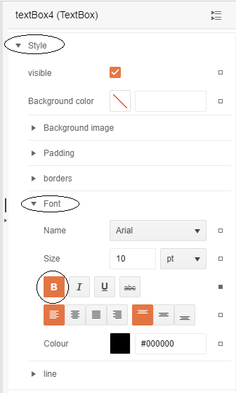 The panel on the right side of the designer. The Style property is circled at the top of the panel and has been expanded. Part way down the list of subcategories the Font subcategory is circled and expanded. Underneath it is the standard B icon for bolding and it has been toggled to its “on” setting.