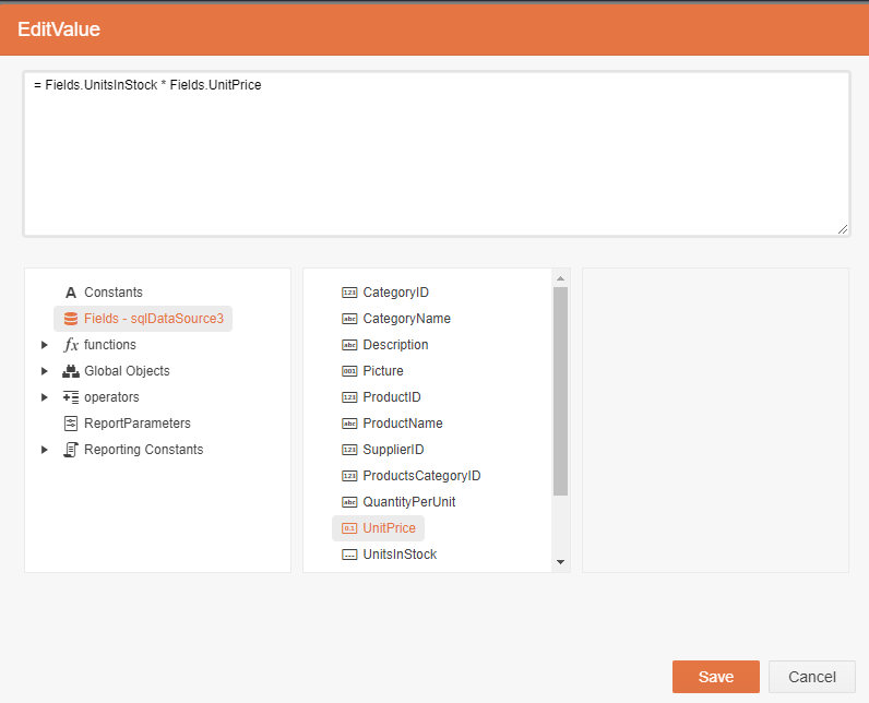 A repeat of the previous graphic but the default textBox6 has been replaced with the formula = Fields.UnitsInStock * Fields.UnitPrice.