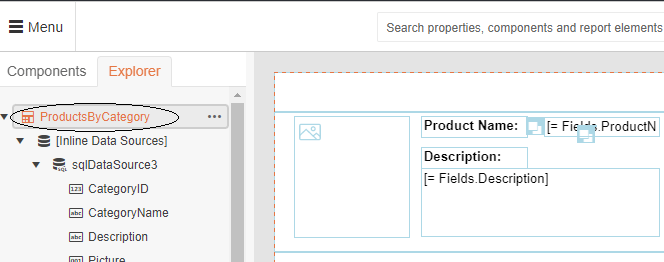 The top of the Explorer tab in the panel on the right side of the report designer. The top item in the panel ProductsByCategory has been selected and circled.