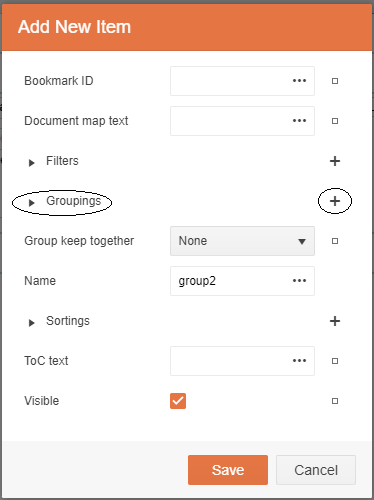 The Add New Item dialog with the Groupings section circled. The plus sign to the right of the Groupings section has also been circled