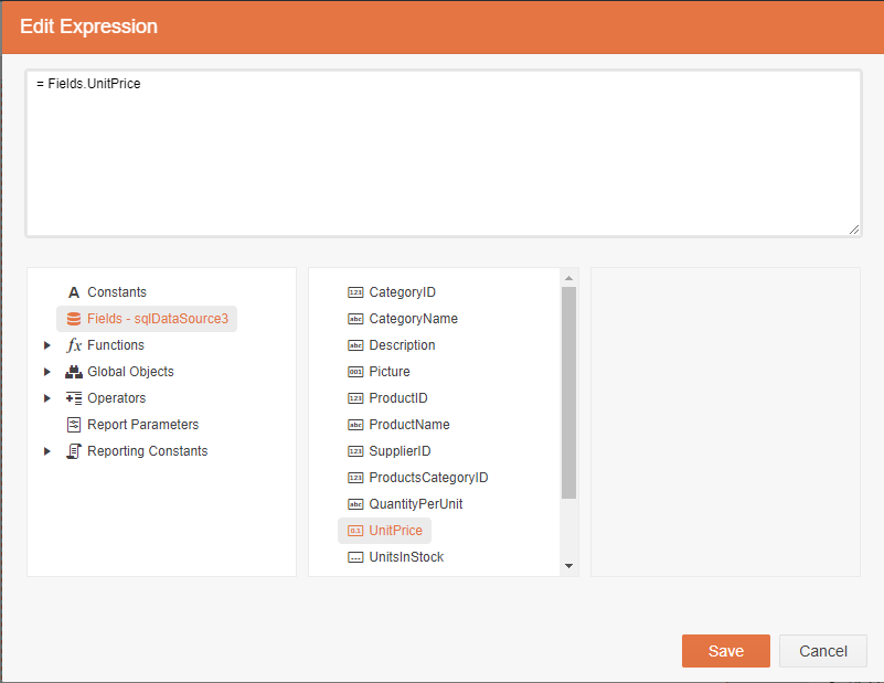 The Edit Expression dialog. In the list on the lower right, the Fields item has been selected. In the list in the bottom middle, the UnitPrice field has been selected. The large textbox at the top, holds = Field.UnitPrice.