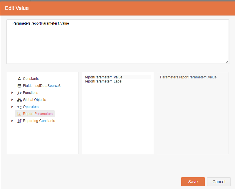 The Edit Expression dialog. In the lower right list, the Report Parameters item has been selected. The list in the lower middle shows reportParameter1.Value and reportParameter2.Label. The box textbox on the lower right shows that reportParameter1.Value has been selected. The large textbox at the top of the dialog contains = Parameters.reportParameter1.Value.