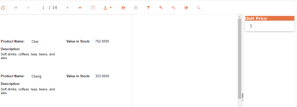 The top part of a report showing the toolbar and the first two items in the report. On the right side of the report is a panel containing a tile labeled Unit Price. The tile contains the number 5.