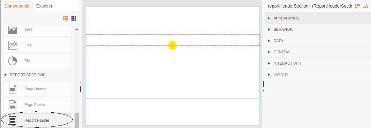 The Report Designer showing the Explorer tab on the left and the panel on the right. In the Explorer tab, the top line with the report name has been selected and has a circle around it. In the panel on the right, the Data section has been expanded to show a dropdown list labeled Data source. The dropdown list is set to (none) and is circled.