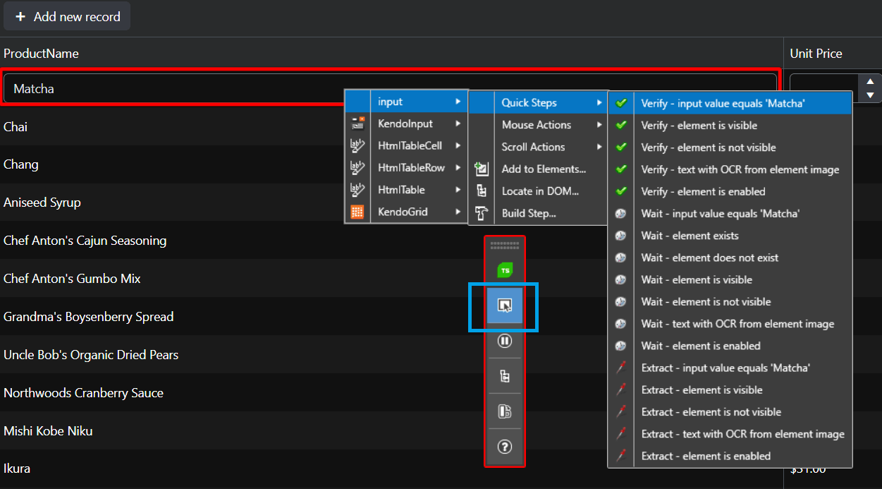 Matcha has a red box around it. Then in menus, input - Quick Steps - Verify input equals Matcha