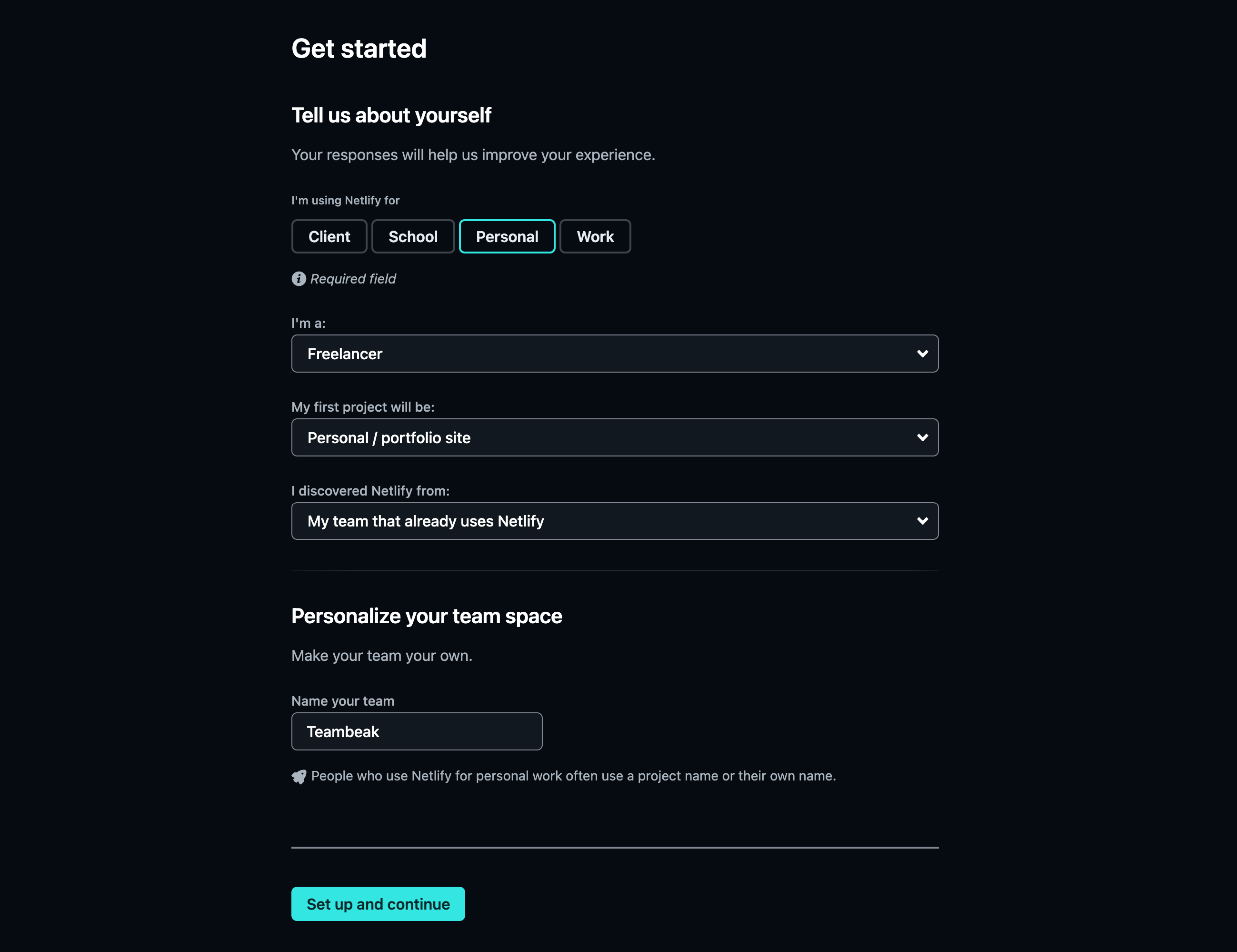 Netlify get started page asks about you and how you're using it
