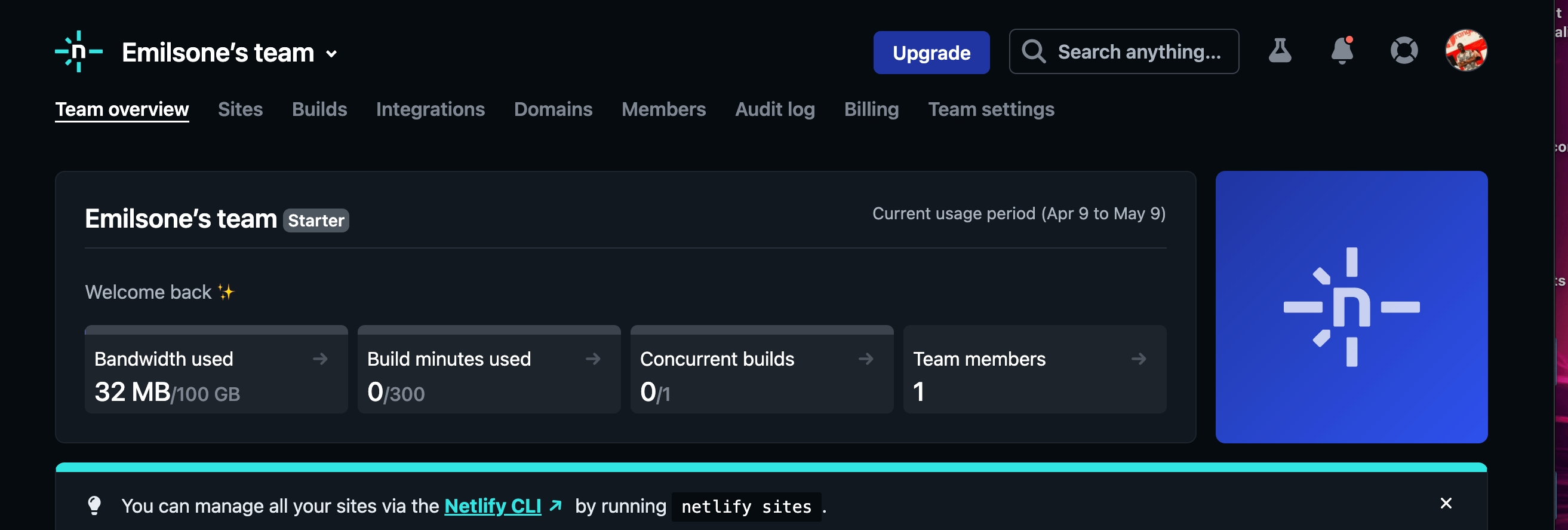 Netlify team page shows bandwidth, build minutes, concurrent builds, number of team members