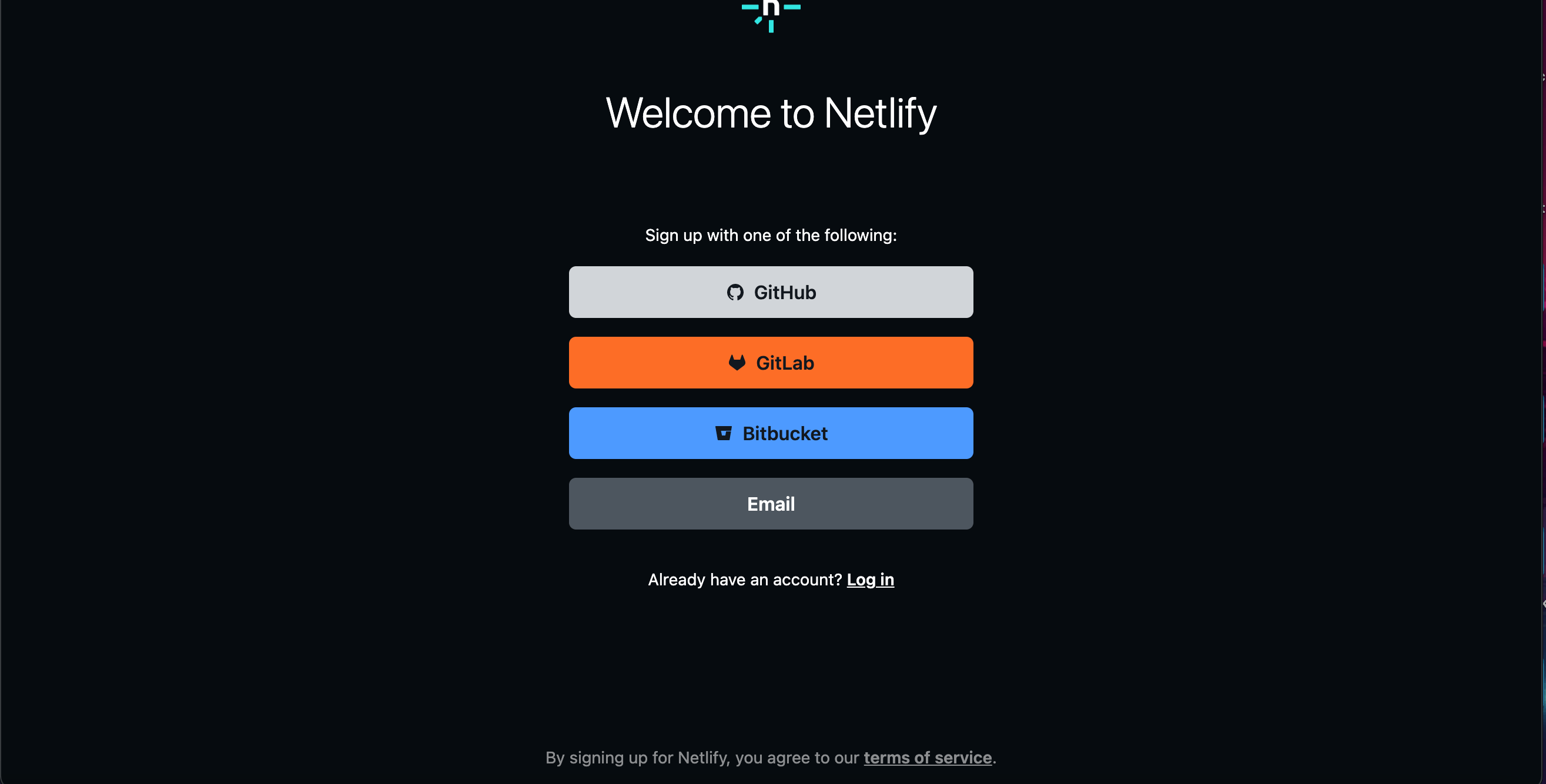 Netlify welcome screen allows you to sign up with GitHub, GitLab, Bitbucket or email.