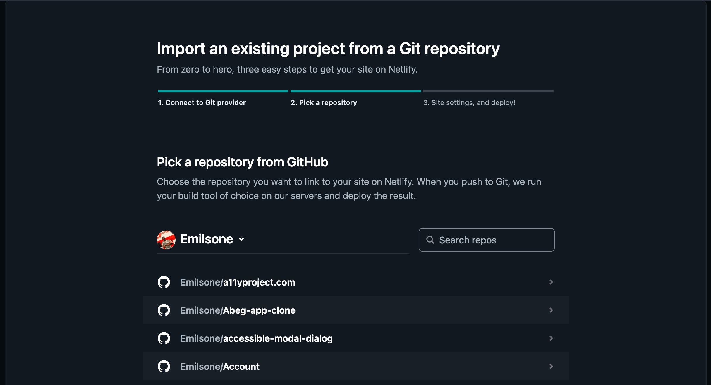 After selecting GitHub, you can Pick repo from GitHub