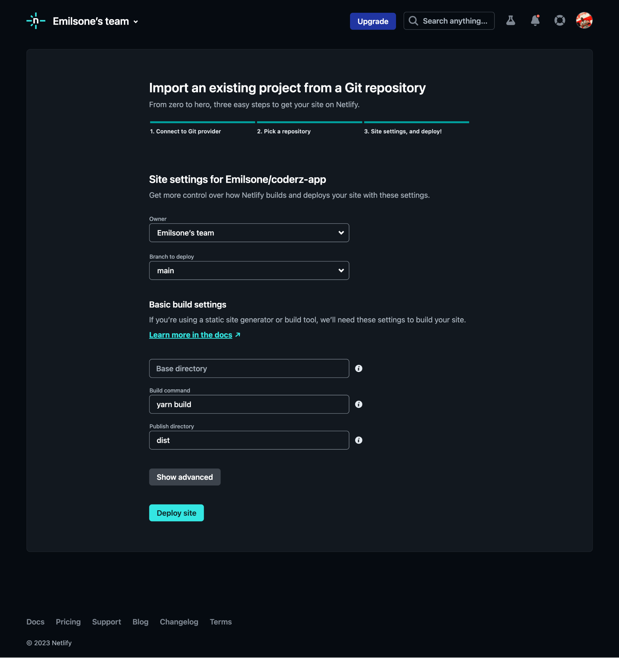 Site settings for poject, basic build settings, and a button for deploy